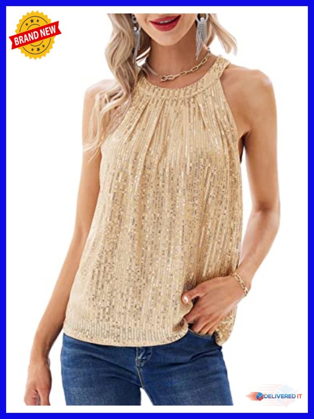 Sequin Halter Tank Top Sleeveless Sparkly Ruched Club Party Shirt